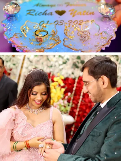 This collage highlights the main event of a ring ceremony, showing a close-up of the custom ring platter alongside the moment the couple exchanges rings.