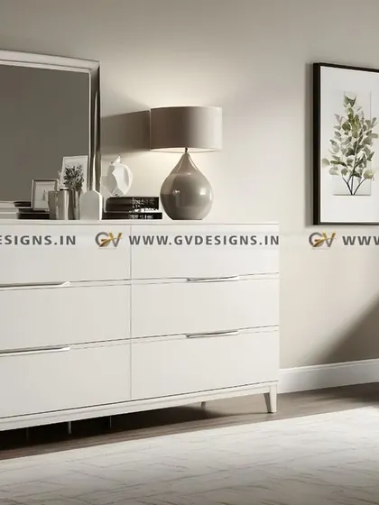 This elegant white dresser features a louvered texture and hidden handles for a chic, seamless look. The design provides ample drawer storage and a large mirror, perfectly fusing sophisticated design with hidden functionality.
