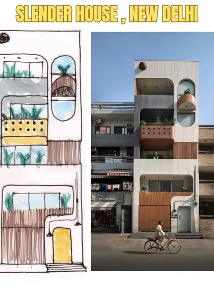 From a colorful concept sketch to the final built form, this image shows the evolution of the Slender House façade. The design prioritizes the essence of family life, proving that a small footprint can lead to big possibilities in urban living.