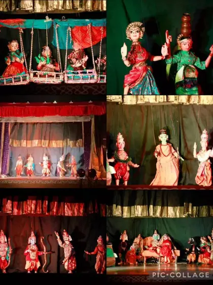 A vibrant collage of scenes from various puppet performances at the Dhaatu International Puppet Festival.