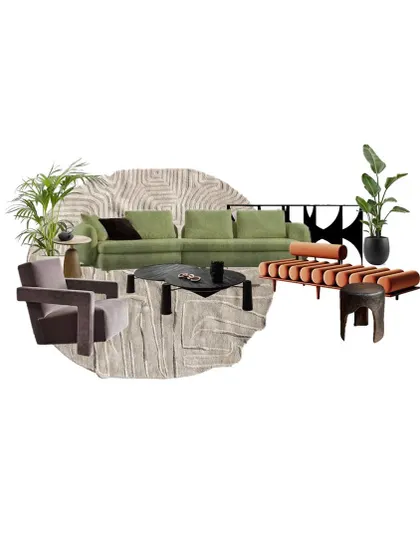 The initial mood board for the Parisian-inspired home project. This collage of furniture, colors, and textures helped to establish the earthy, eclectic, and moody aesthetic that guided the entire design process.