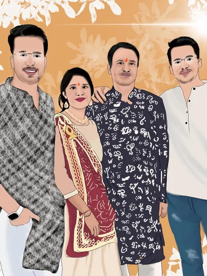 A classic family portrait showing the parents with their two sons. I take care to illustrate everyone's features and outfits from the reference photo to create a keepsake the whole family can treasure.