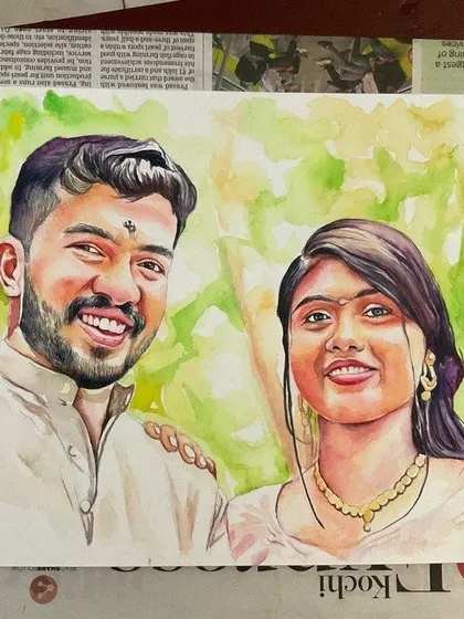 A couple's portrait painted with digital watercolors, shown here on paper before framing. The vibrant colors and fluid strokes are characteristic of this style.