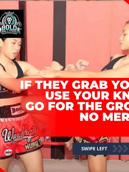 When you are grabbed, there are no rules. We train you to use your knees to strike vulnerable areas like the groin. This is about creating an opportunity to get away safely.