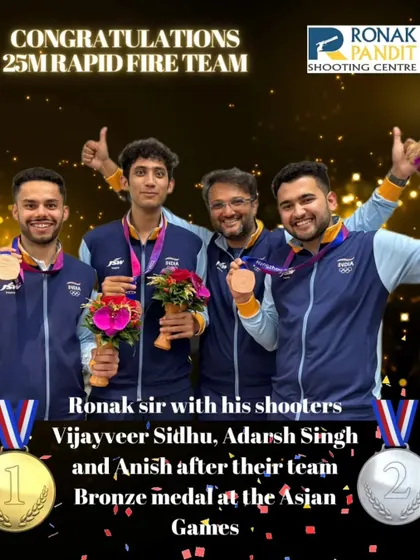 A proud moment with the 25m Rapid Fire Team after their Team Bronze medal at the Asian Games. This image with our shooters Vijayveer Sidhu, Adarsh Singh, and Anish shows the camaraderie and success we build together.