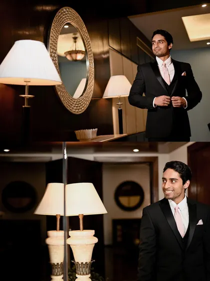 A collage of groom portraits, capturing different expressions and poses.