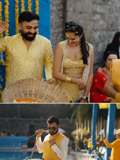 A collage capturing various candid moments from a poolside Haldi, from the couple's entrance to guests enjoying the festivities.