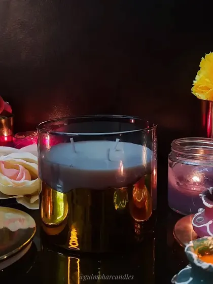 A beautiful display of my soy wax candles, highlighting why soy is a great choice: it's non-toxic, burns longer, and is a natural, renewable resource.