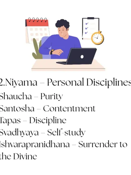 The second limb is Niyama, our personal disciplines. These include Shaucha (purity), Santosha (contentment), and Svadhyaya (self-study), which help us cultivate a positive inner environment.