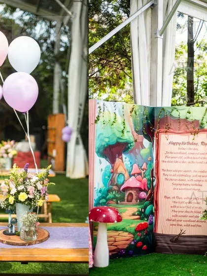 A storybook backdrop for a woodland-themed birthday. This creative element shares a sweet message for the birthday girl, Riya, and adds a personal touch to the enchanted forest setting.