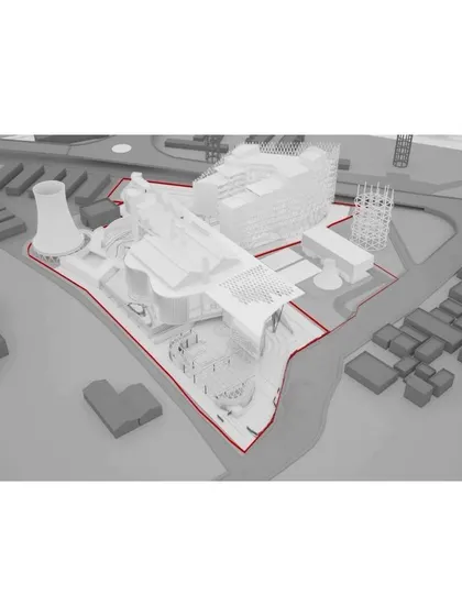 A 3D model of the Patna Power Museum site plan, outlined in red to show the project's scope. This illustrates the complexity of integrating new structures with existing industrial elements like the cooling tower.