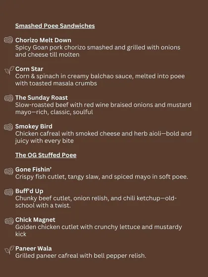 The full menu for the Poee Sandwich Shop, detailing both the Smashed and Stuffed Poee options, from Chorizo Melt Down to Paneer Wala.