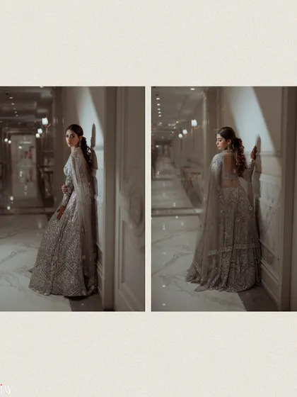 A diptych of the bride posing in a hallway, creating a high-fashion, editorial feel.