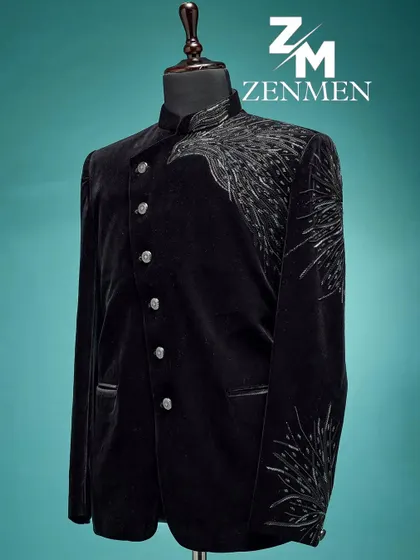 Another angle of the black velvet Jodhpuri, showcasing the shimmer of the silver handwork against the deep black velvet.