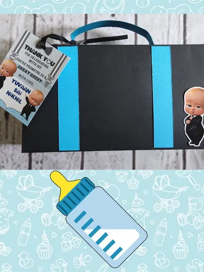 For a Boss Baby themed event, I created these stylish gift boxes to hold vacuum flask sets. The black and blue design is sleek and modern.