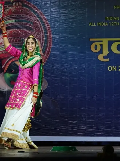 A series of photos from a Gidha performance at a national competition in Pune, showcasing the colorful costumes and lively spirit of this Punjabi folk dance.