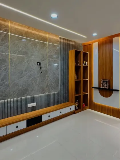 Another angle of the TV and partition unit, showing how the elements work together. The open display shelf on the right is perfect for showcasing decor and awards, seamlessly integrated with the main TV panel.