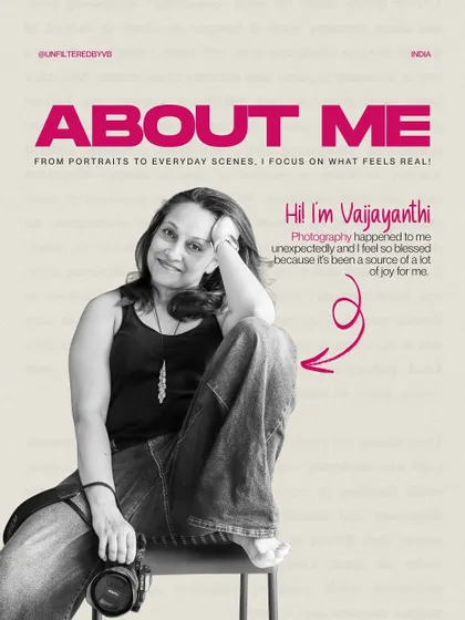 An "About Me" graphic. Photography happened to me unexpectedly, and it has been a source of immense joy.