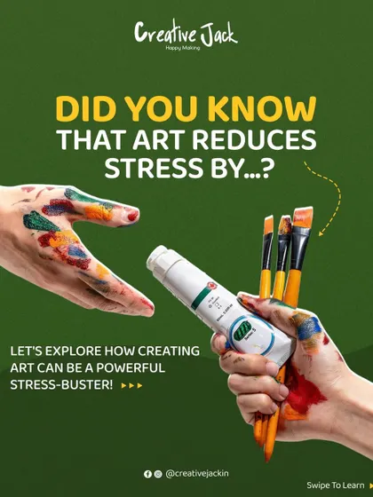 An eye-catching graphic with paint-covered hands, introducing the idea that art is a powerful stress-buster.