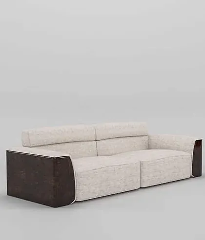 A three-quarter view of our dual-tone sofa, highlighting its generous proportions and the beautiful contrast of materials that define its modern aesthetic.