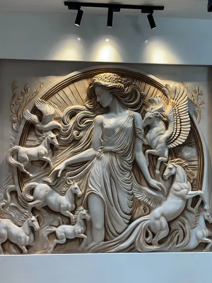 Another full shot of the Grecian mural, demonstrating its impact as a major piece of artwork in a home.