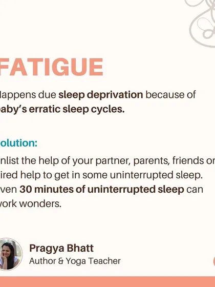 This infographic breaks down common postpartum struggles and their solutions. Fatigue from sleep deprivation can be managed by enlisting help to get even 30 minutes of uninterrupted sleep.