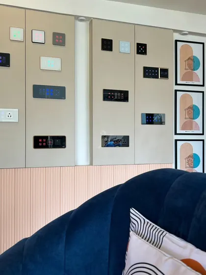 Our "wall of panels" at the Experience Center. Here, you can see and test the wide variety of smart panel designs, colors, and icon options we offer.