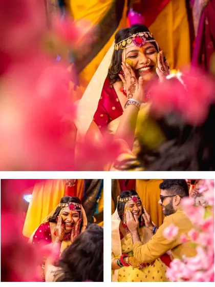A collage of the bride's ecstatic reactions as friends and family, including the groom, apply Haldi to her face.