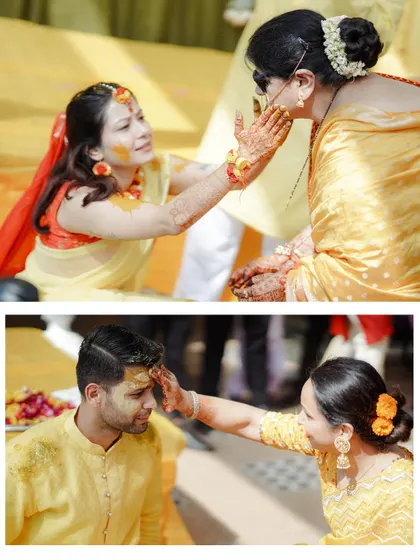 A diptych showing the Haldi ritual, with family members applying turmeric to the bride and groom. These are intimate, traditional moments full of meaning.