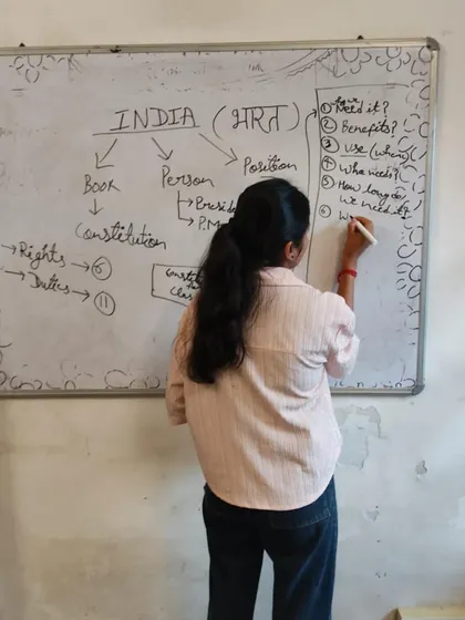 A participant writes on the whiteboard, mapping out concepts related to the Indian constitution. These interactive sessions help demystify civic education for young people.