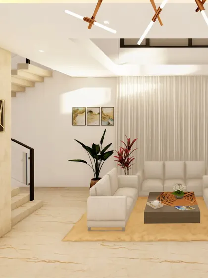 This 3D concept for a spacious living room uses a neutral color palette with white sofas and warm wood tones. The design includes a double-height ceiling area with modern pendant lights and large windows for a bright, airy feel.