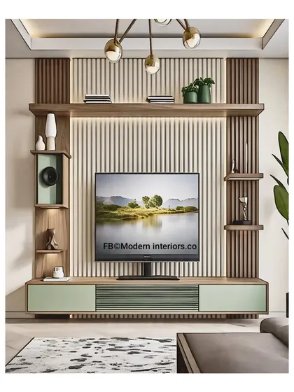 A touch of pastel green brings a soft, calming feel to this entertainment unit. I combined it with fluted wood panels and elegant pendant lighting to create a design that is both trendy and timeless.