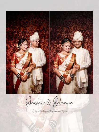 A classic diptych of the couple in their traditional wedding attire, capturing both a formal portrait and a sweet, candid moment.