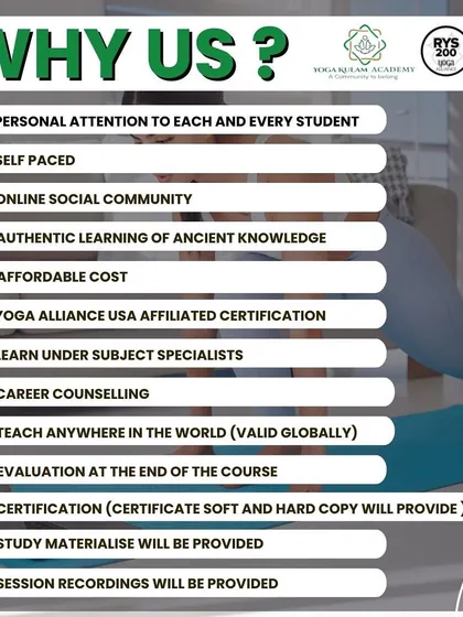 Here we outline the benefits of our 200-hour online yoga teacher training. We provide personal attention, career counseling, and both soft and hard copies of your certificate. We also provide session recordings, ensuring you can learn at your own pace.