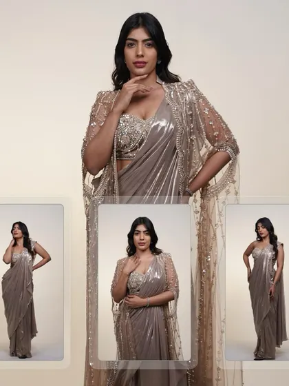 A collage of the metallic saree with its cape, showing how you can style it for a complete, glamorous look.