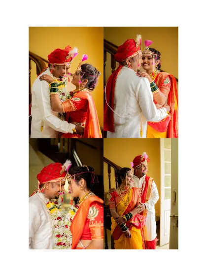 A collage of the couple's first moments together after the Antarpat ceremony, filled with smiles and shy glances.