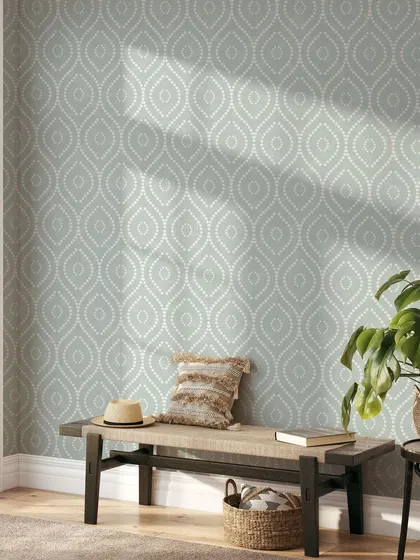 This entryway features our Dotted Formation wallpaper in a soft, muted green. The subtle pattern and calming color create a peaceful and sophisticated atmosphere.