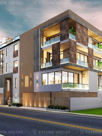 A corner perspective of the Shalimar Bagh home, showing the depth and layering of the facade's different elements.