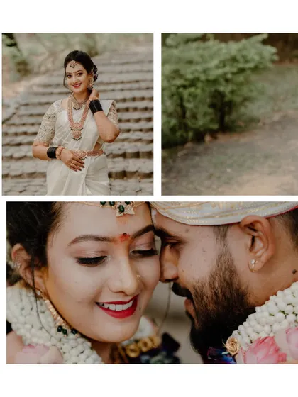 A creative collage combining a portrait of the bride, a close-up of the couple, and a texture shot of the natural surroundings, telling a more complete story.