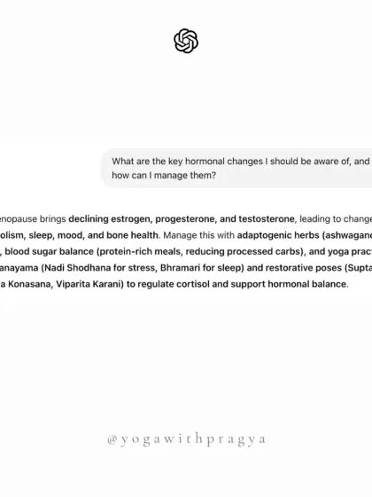 What are the key hormonal changes of perimenopause and how can I manage them? This graphic explains the decline in estrogen and progesterone and suggests managing it with adaptogenic herbs and yoga practices like Pranayama and restorative poses.