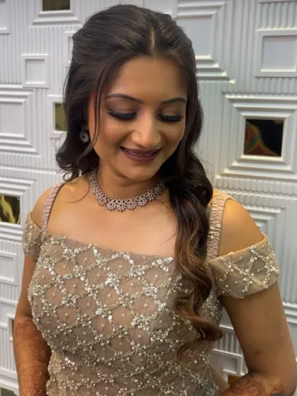 A close-up of a Sangeet bride's makeup. The look is soft and shimmery, with beautifully defined eyes.