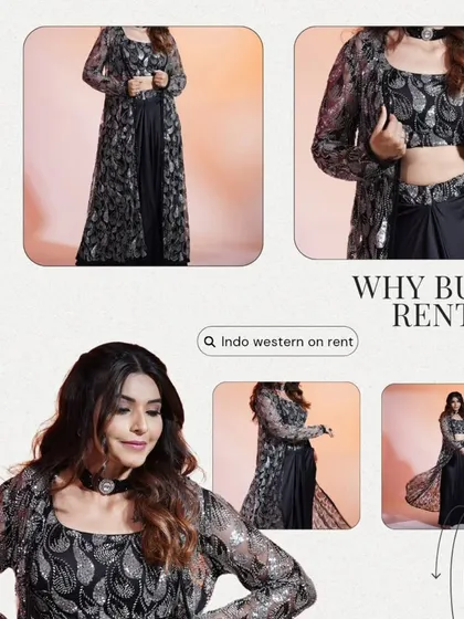 A graphic showing why renting an Indo-western outfit like this black draped saree with a printed jacket is the smart choice.