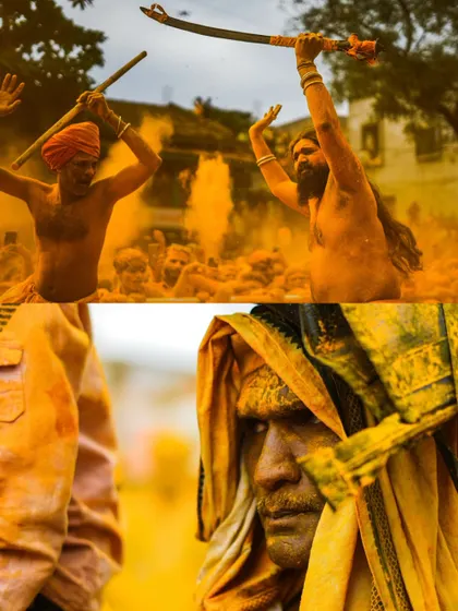 Action shots and crowd scenes from the turmeric festival, capturing the dynamic energy of the celebration. These images show devotees dancing, playing drums, and throwing clouds of yellow powder into the air.