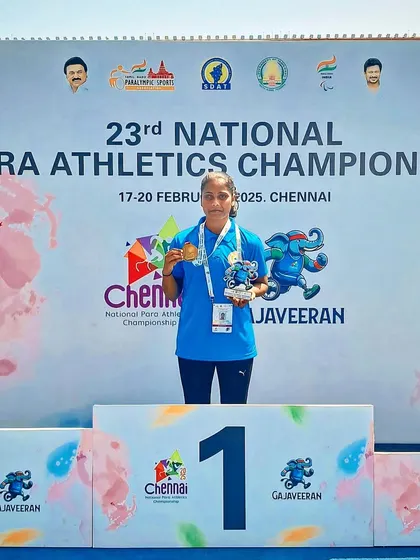 This is what victory looks like. Our para-athlete Gangavva stands proudly on the number one podium after winning gold in the Javelin Throw at the National Para Athletic Championship. We are with our athletes every step of the way.