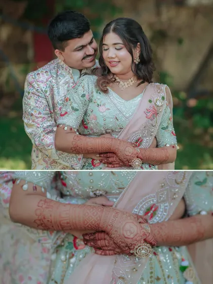 A loving embrace. This collage shows the couple in a warm hug, with a close-up on their intertwined hands, showcasing the bride's beautiful ring and henna.
