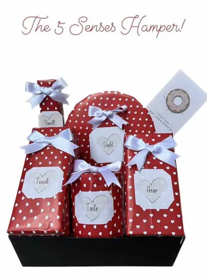 A creative take on gifting, our "5 Senses Hamper" includes five individually wrapped gifts, each corresponding to one of the senses: sight, smell, touch, taste, and sound.