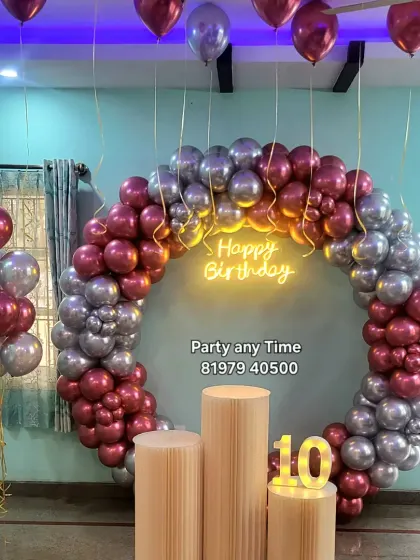 Another view of the 10th birthday party, showing the helium balloons on the ceiling.
