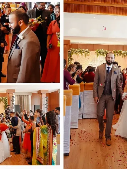 A collage of the recessional, where the newly married couple walks back down the aisle as guests shower them with petals. It's a moment of pure celebration.