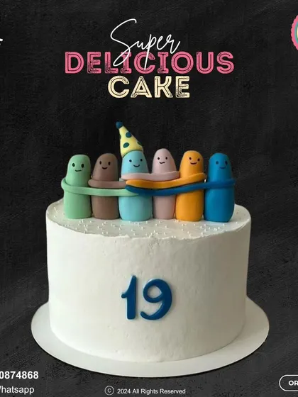 A fun and quirky cake for a 19th birthday. This design is topped with a group of colorful, friendly characters holding hands, symbolizing friendship and celebration.