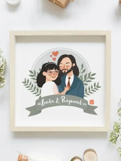 A framed custom illustration for "Linda & Raymond." These portraits are a wonderful way to commemorate a special relationship and make for a truly unique piece of home decor.